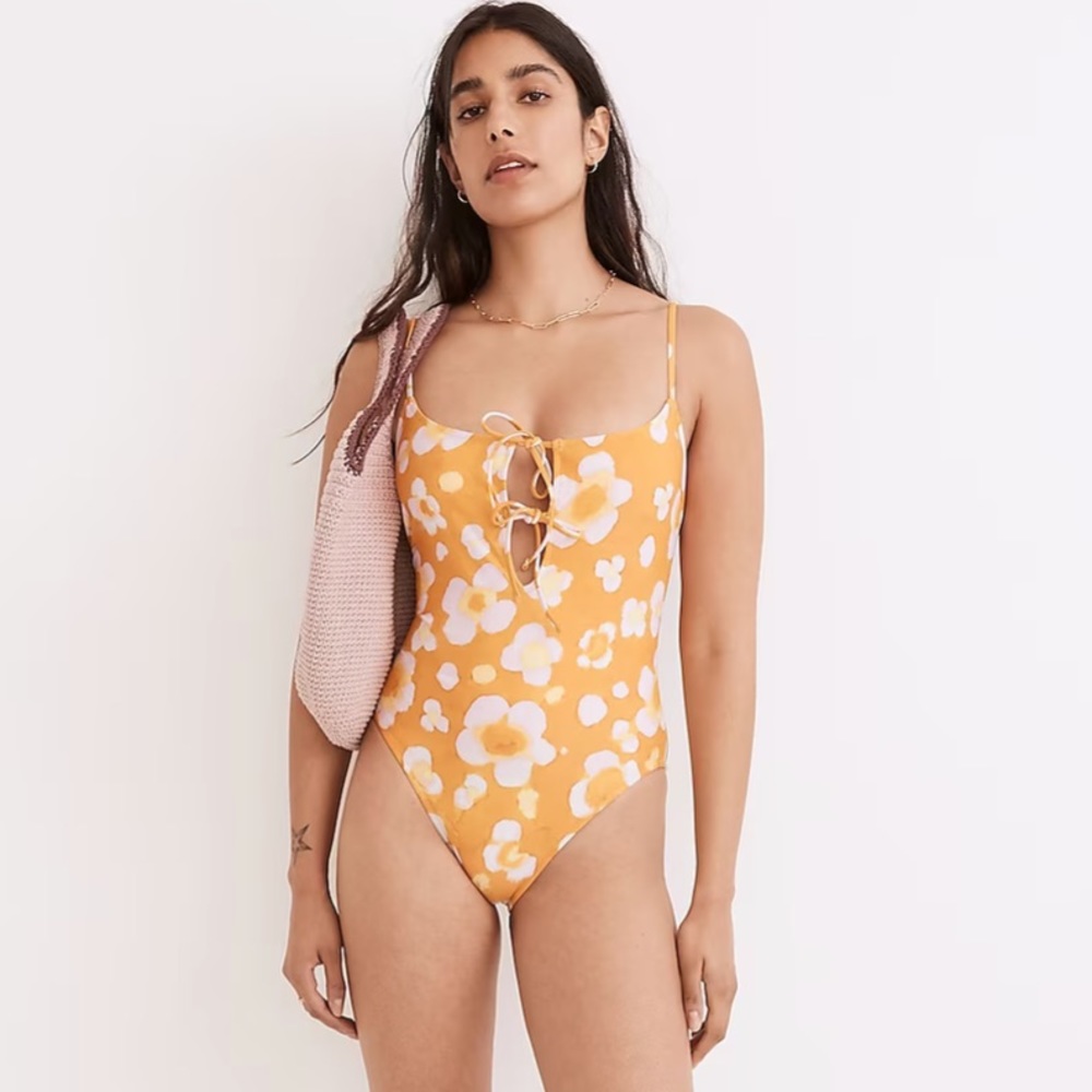 Madewell Second Wave Tie-Front One-Piece Swimsuit in Watercolor Floral